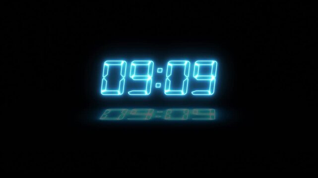 Digital clock faces display time progression in a dark environment with blue neon glow