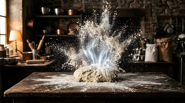 Dramatic flour explosion over fresh bread dough on a rustic wooden table in a traditional kitchen bakery