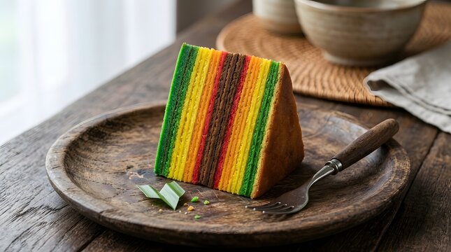 A slice of traditional layered pandan cake served on a rustic wooden plate with a fork for a sweet breakfast or tea time snack