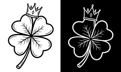 Fototapeta premium Black and white line art illustration of a lucky four leaf clover wearing a royal crown