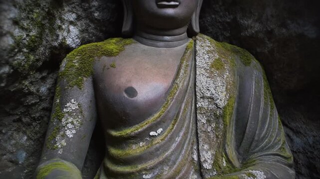 Ancient Stone Detail of Baodingshan Reclining Buddha with Green Moss