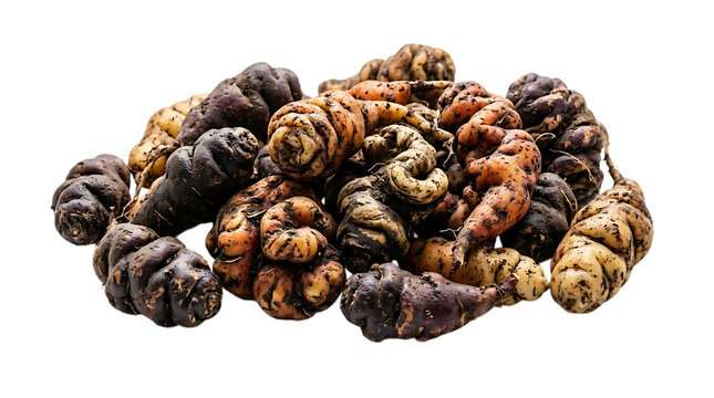 Fresh oca tubers pile isolated on white background, colorful oxalis tuberosa root vegetables, raw Andean tubers for culinary use