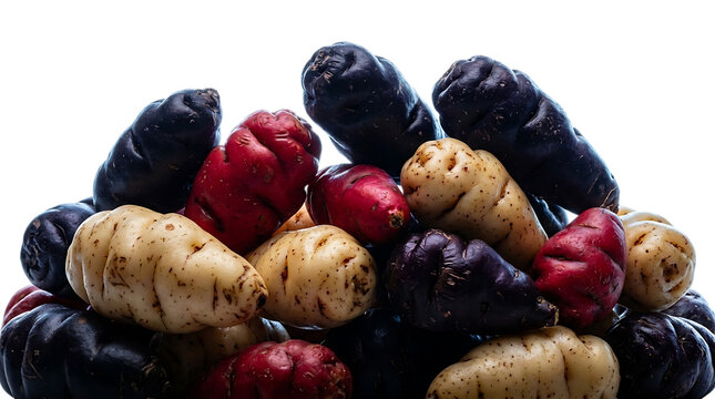 Oca tubers pile on white background, colorful Andean root vegetables, raw oxalis tuberosa for culinary cooking