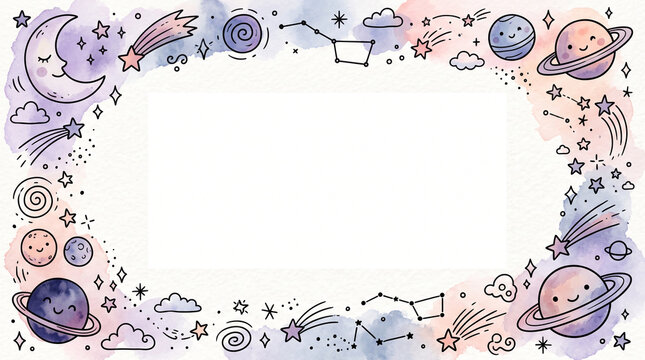 Watercolor Celestial Galaxy Border Frame with Stars and Planets for Wedding Invitations, Posters and Stationery