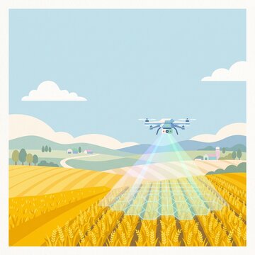 Smart Agriculture Drone Monitoring Rice Field Illustration