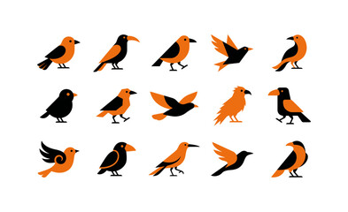 Obraz premium Collection of various crow bird illustrations in different poses and orange and black colors