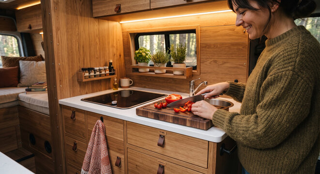 Vanlife lifestyle inside motorhome with person cooking in wooden van interior