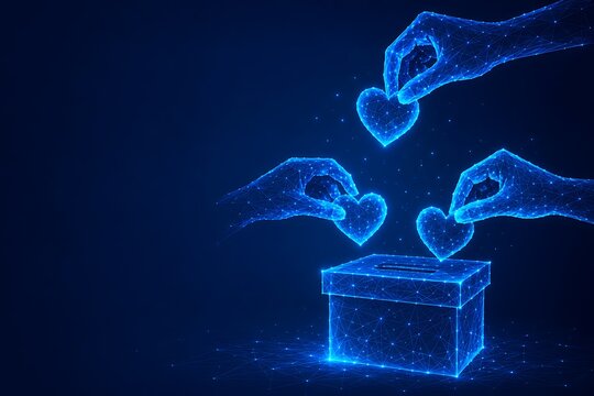 Hands inserting glowing hearts into digital donation box.international day of charity with donation philanthropy wireframe technology kindness.international day of charity