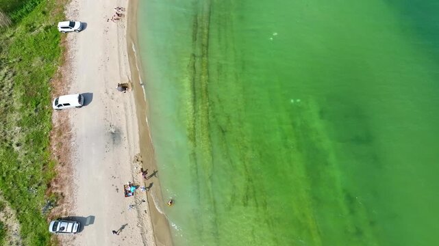 Top-down beach view with vibrant green sea