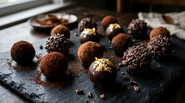 Gourmet chocolate truffles dusted with cocoa powder and garnished with gold leaf