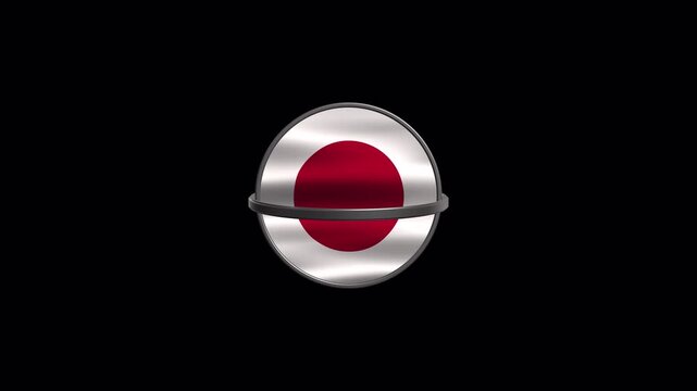 Waving Japan flag in round metallic frame on transparent background