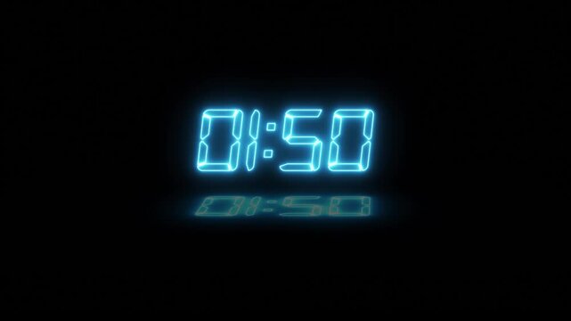 Abstract neon LED timer for 2 minutes countdown with reflection count animation on a black screen. Neon Cyan digital number clock with reflection.