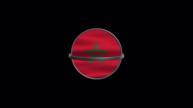 Waving Morocco flag in round metallic frame on transparent background