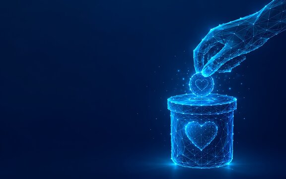 Human hand putting a coin into a donation box with heart symbol.international day of charity donation wireframe philanthropy contribution kindness.international day of charity