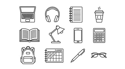 Fototapeta premium Collection of essential study and work items in a clean line art style.