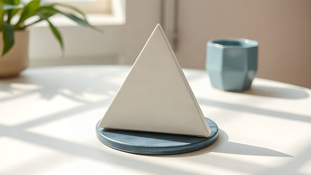 White equilateral triangle paperweight on blue ceramic coaster, neutral still life for editorial header