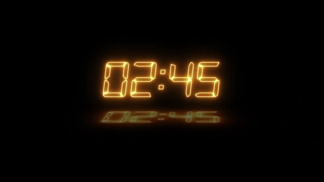 Abstract neon LED timer for 3 minutes countdown with reflection count animation on a black screen. Neon orange digital number clock with reflection.