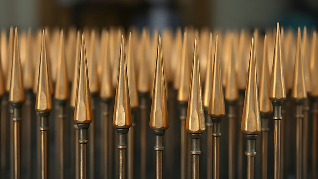 A dense array of bronze spear tips forming a metallic wall.
