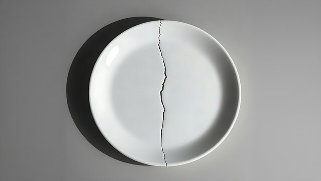 A white ceramic plate with a clean crack down its center on a gray surface.