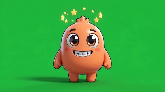 Cute cartoon character with stars circling its head, symbolizing dizziness or confusion on a green screen.