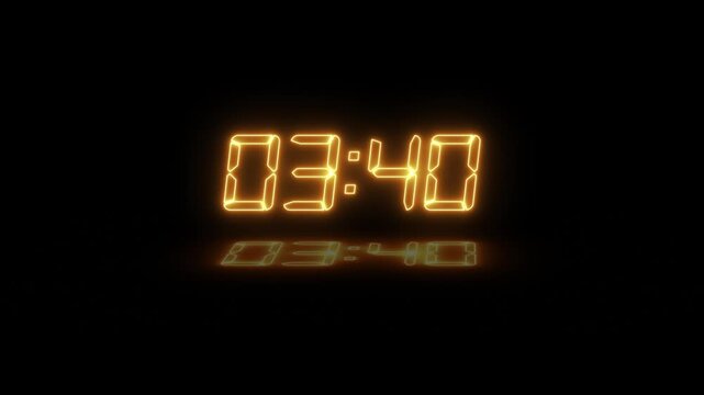 Abstract neon LED timer for 4 minutes countdown with reflection count animation on a black screen. Neon orange digital number clock with reflection.