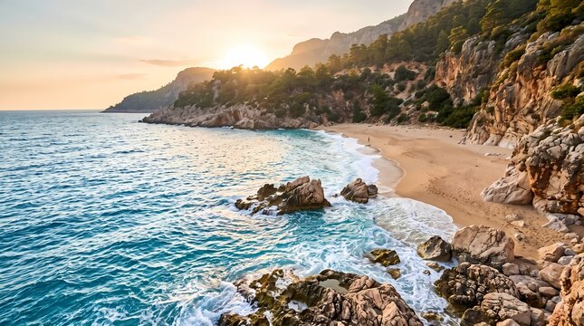 Tropical Coastal Beach. Turquoise Ocean Shoreline. Scenic Rocky Seaside Landscape. Golden Hour Travel Photography