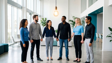 Fototapeta premium Diverse team holding hands in modern office lobby, smiling and looking at each other, bright natural light, collaborative atmosphere, workplace culture, business meeting, teamwork, diversity, HR
