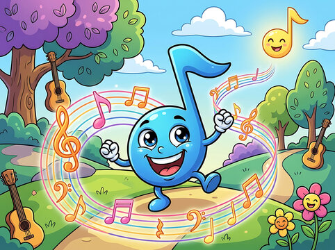 Joyful musical note character dancing with cheerful melody notes in a vibrant sunny park setting