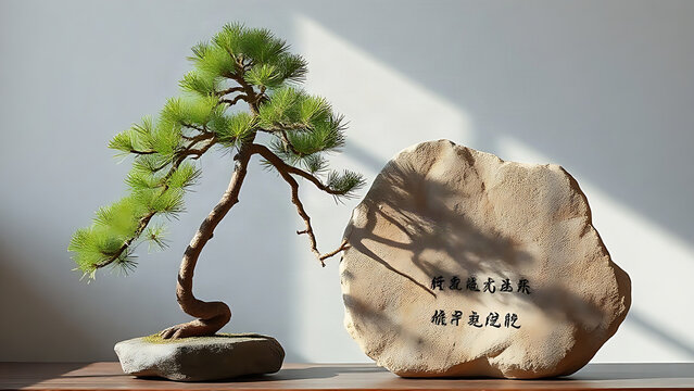 A slender bonsai pine tree next to a uniquely formed inscribed scholar's rock.