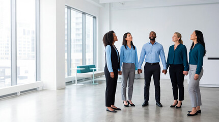 Fototapeta premium Diverse business team standing in modern office looking upward, holding hands, bright natural light, collaborative spirit, corporate culture, teamwork, leadership, workplace diversity.