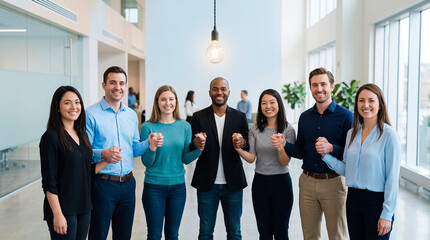 Fototapeta premium Diverse team of professionals holding hands in modern office hallway, bright natural light, smiling faces, collaborative spirit, workplace culture, business success, teamwork, corporate event