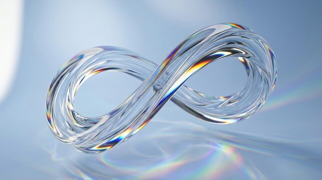 Glass infinity symbol with iridescent rainbow refraction on light background