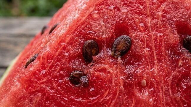 Macro photograph of juicy red watermelon flesh showing dark seeds and crystalline texture