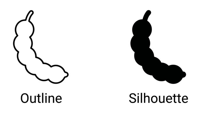 Tamarind pod Outline and Silhouette: Two depictions of a tamarind pod, one in outline and the other in solid black silhouette, representing contrast and versatility.