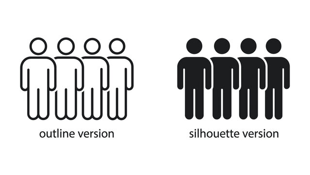 Group Representation Icons: Two graphic representations of people icons, one in outline and one in silhouette, depict a group of individuals standing together, symbolizing unity, community.