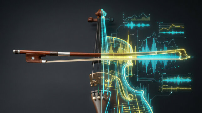 Digital Violin with Glowing Waveforms and Data Visualization