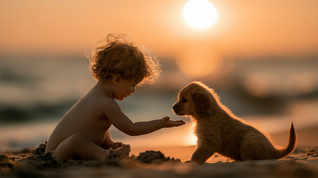 Curious toddler bonding with a golden retriever puppy on the beach at sunset, heartwarming childhood friendship and gentle pet companionship moment