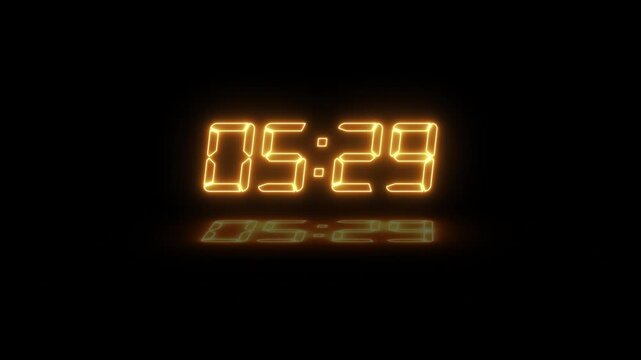 Abstract neon LED timer for 6 minutes countdown with reflection count animation on a black screen. Neon orange digital number clock with reflection.