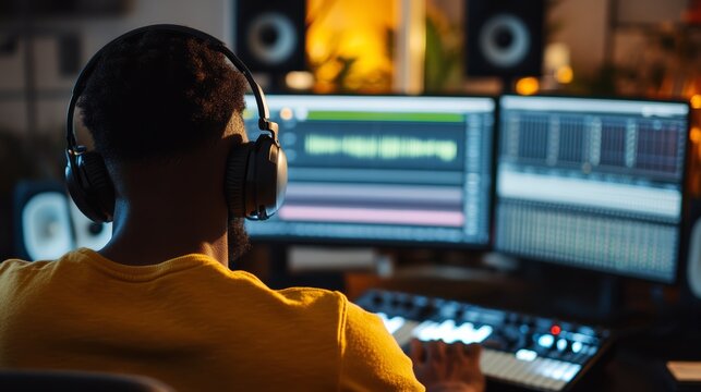Music Producer at Work: A focused music producer, wearing headphones, is deeply engrossed in crafting a sound on his dual-monitor setup, complete with a midi controller and studio monitors.