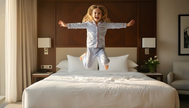 Happy young girl jumping on hotel bed in pajamas during family vacation, celebrating childhood freedom and carefree happiness concept with bright natural lighting