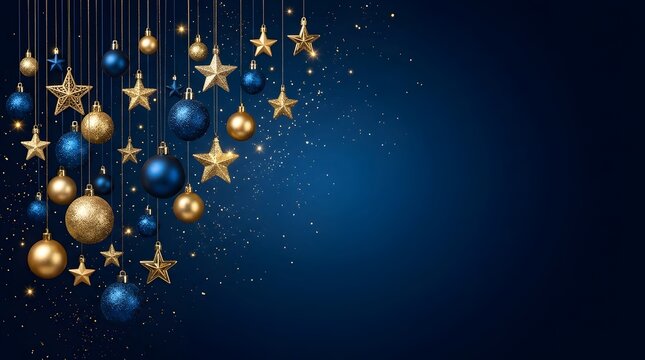 Luxury Christmas decorations with gold and blue ornaments hanging on dark blue background
