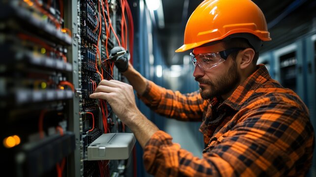 Technician Working on Server Rack: A focused technician wearing an orange hard hat and safety glasses diligently works on a server rack, surrounded by a complex network of wires and equipment.