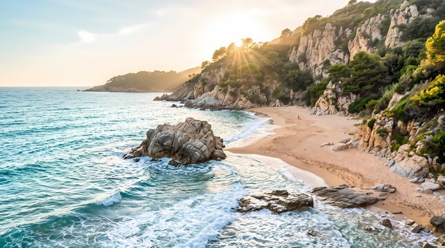 Tropical Coastal Beach. Turquoise Ocean Shoreline. Scenic Rocky Seaside Landscape. Golden Hour Travel Photography