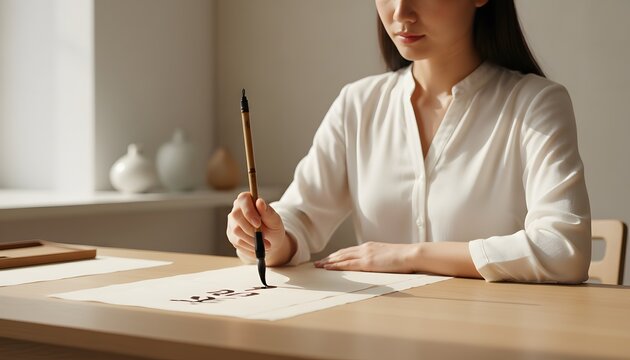 Young Asian girl practicing traditional Chinese calligraphy with brush at desk for artistic mindfulness and cultural education concept