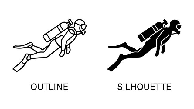 Scuba Diver Outline and Silhouette: Two distinct graphic representations of a scuba diver, one as a clean outline and the other as a solid silhouette.