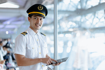 Asian steward or pilot man. Airline Airport service in uniform standing happy smiling in airport © Quality Stock Arts