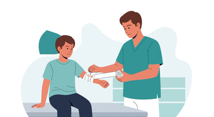 Fototapeta premium Doctor bandaging child's arm, healthcare, medical treatment, isolated