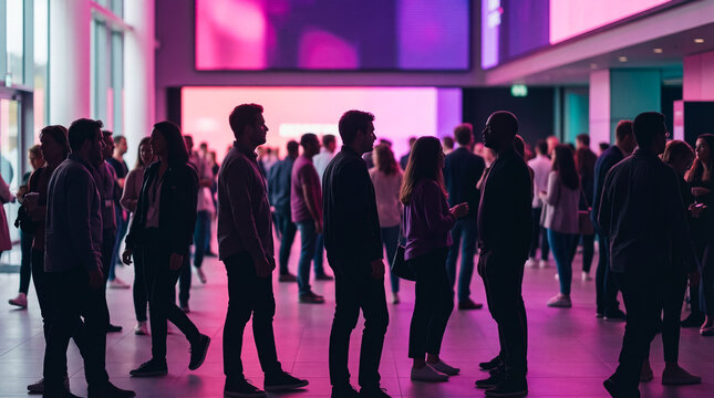 People networking at modern event hall with vibrant pink lighting, silhouettes of attendees conversing, professional gathering, business conference, tech expo, startup meetup, social interaction