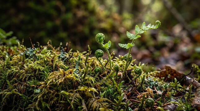 Young green fern fiddlehead sprouts uncurling naturally through forest moss macro