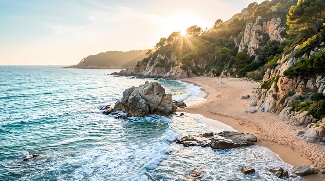 Tropical Coastal Beach. Turquoise Ocean Shoreline. Scenic Rocky Seaside Landscape. Golden Hour Travel Photography